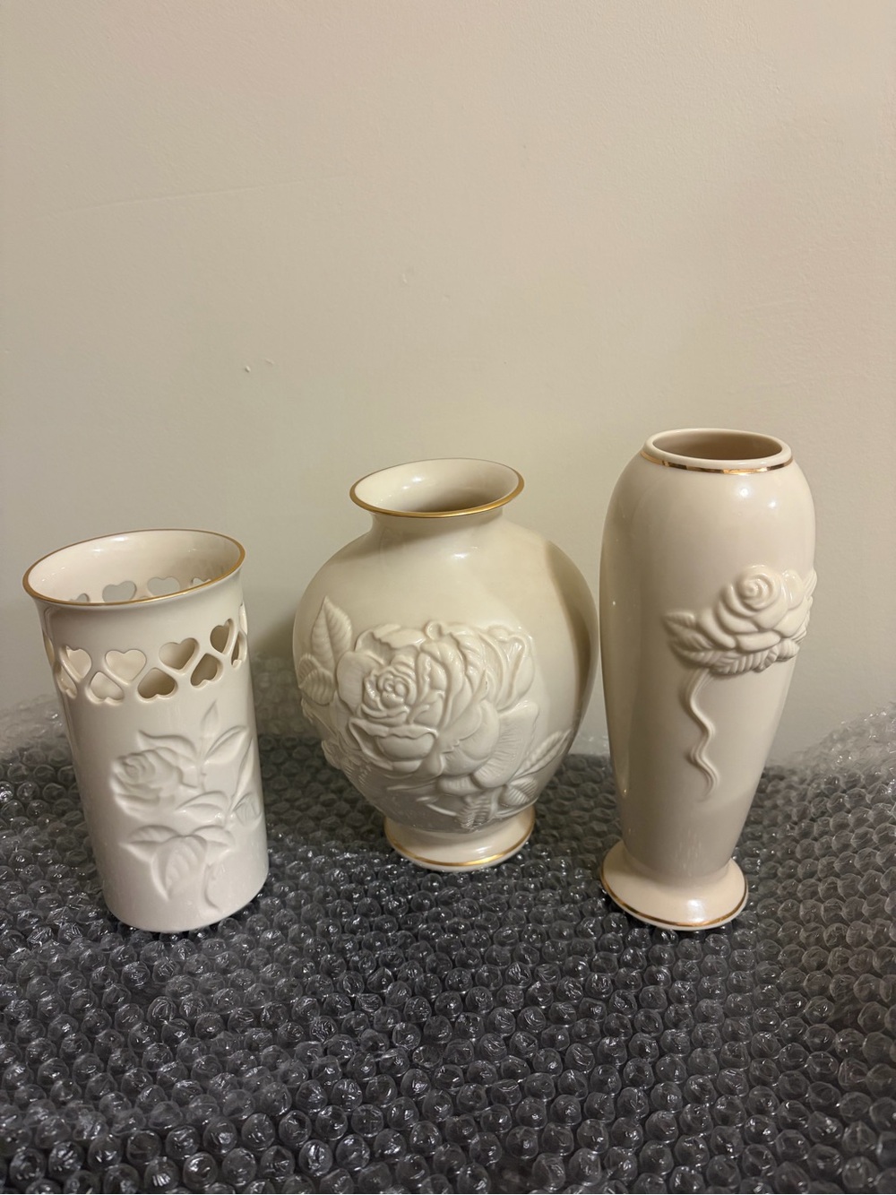 Vintage Lenox 24K Gold Trim Rose Embossed Vase Set of 3 Ivory